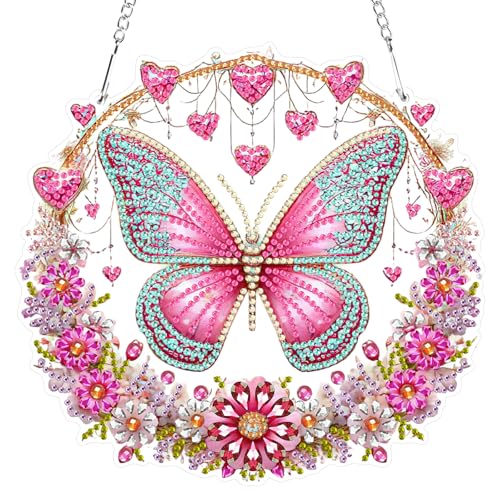 RICUVED Rosa Schmetterling Diamond Painting Anhänger Set,Tiere Diamond Art Bilder Hängende Ornament Kits Erwachsene Special Shaped Diamant Painting Anhänger DIY Diamond Painting Windspiel Kranz von RICUVED