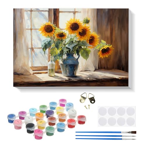 RICUVED Sonnenblumenvase Malen nach Zahlen Erwachsene Kinder, Blumen Malen nach Zahlen DIY Handgemalt Ölgemälde Kit Paint by Numbers Adult mit Rahmen 3 - Pinseln und Acrylfarbe Kit 20x30cm von RICUVED