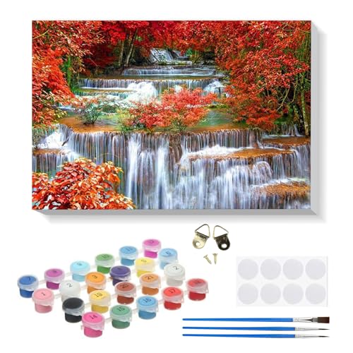 RICUVED Wasserfall Malen nach Zahlen Set für Erwachsene Kinder mit Holzrahmen -Landschaft Digitale Ölmalerei, DIY Kunstkit Mit 3 - Pinseln und Acrylfarbe knitterfreie leinwand Kit Wandkunst 30x40cm von RICUVED