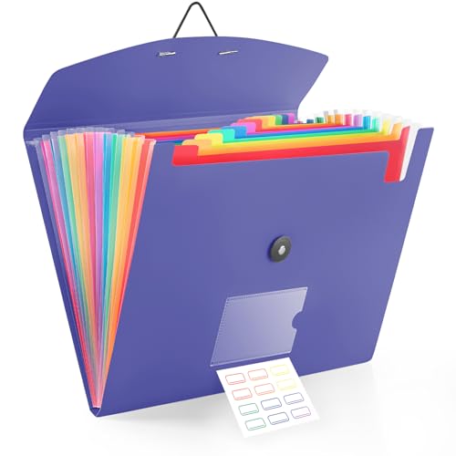 Akkordeon-Aktenordner mit 13 Fächern und elastischem Verschluss, Fächermappe für A4-Papiere im Briefformat, ideal für Zuhause, Bürobedarf, College-Essentials – Blau/Lila von RIEJIN
