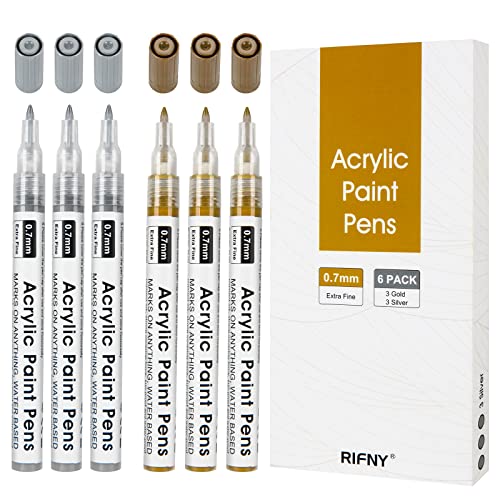 RIFNY Acrylstifte für Steine Wasserfeste, Acrylic Paint Marker Acrylfarben Set Stifte für Kinder DIY Glas Holz kerzen Keramik Metall Kunststoff (3 Gold + 3 Silber) von RIFNY