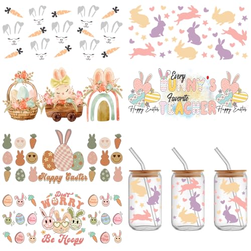 6 Blatt Ostern UV DTF Cup Wrap für 473.6 g Bunny UV DTF Cup Wrap Cute Rabbit Karrot UV DTF Transfer Aufkleber für Glas Wasserdicht Rubb On Transfers zum Basteln, Tassen, Handyhüllen, Scrapbooks von RIICFDD