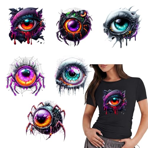 Halloween-Aufkleber zum Aufbügeln, schreckliche Augen, Halloween-Aufkleber, 6 Stück, blutiges Spinnennetz-Auge, Wärmetransfer-Vinyl-Aufkleber für T-Shirts, Jacken, Kissen, Kleidung, Kapuzenpullover von RIICFDD