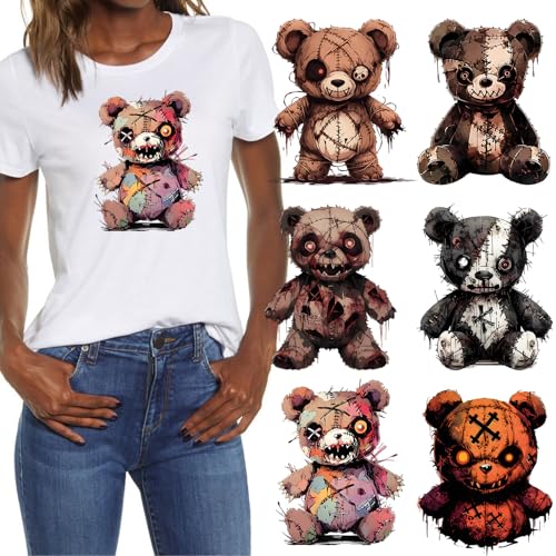 Halloween-Bügelbilder für T-Shirts, 6 Stück, schrecklicher Bär, Wärmetransfer, Vinyl-Aufkleber, blutiger Aufnäher, Bär, Halloween, Bügelbilder für Jacke, Kissen, Kleidung, Kapuzenpullover von RIICFDD