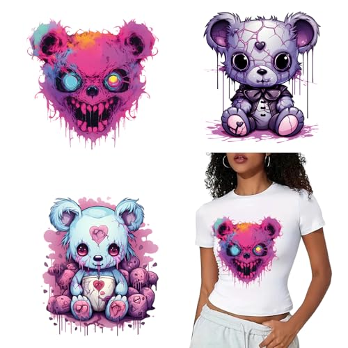 Halloween-Bügelbilder für T-Shirts, rosa blutiger Bär, Halloween, zum Aufbügeln, 3 Stück, schrecklicher Bär, Wärmetransfer, Vinyl-Aufkleber für Jacke, Kissen, Kleidung, Kapuzenpullover, Stoffzubehör von RIICFDD