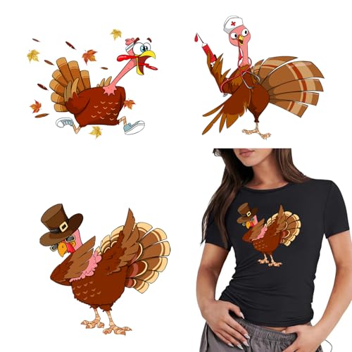Thanksgiving-Aufnäher zum Aufbügeln, niedliche Cartoon-Truthahn-Wärmetransfer-Vinyl-Aufkleber, 3 Stück, für T-Shirts, Jacken, Kissen, Kleidung, Kapuzenpullover, Stoffzubehör von RIICFDD