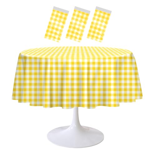 RINDOJIN Tischdecke, 3 Stück, gelb und weiß kariert, 213 x 213 cm, rund, Kunststoff, Gingham-Tischdecke, Einweg-Tischdecke für Picknick, Party, Geburtstag, Hochzeit, Babyparty, runde Tischdecke RINDOJIN Tischdecke, 3 Stück, gelb und weiß kariert, 213 x 213 cm, rund, Kunststoff, Gingham-Tischdecke, Einweg-Tischdecke für Picknick, Party, Geburtstag, Hochzeit, Babyparty, runde Tischdecke von RINDOJIN