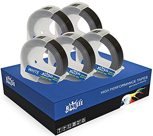 RINKLEE Weiß auf Schwarz 3D Prägeband Etiketten Schriftband Kompatibel mit Omega & Junior Etikettenprägegerät | 9 mm x 3 m | 5 Kassetten von RINKLEE