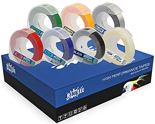 RINKLEE Weiß auf Schwarz/Rot/Blau/Grün/Gelb/Transparent/Silber 3D Prägeband Etiketten Schriftband Kompatibel mit Omega & Junior Prägegeräte | 9mm x 3m | 7 Kassetten von RINKLEE