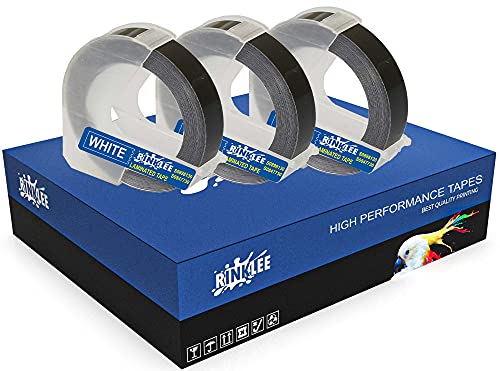 RINKLEE Weiß auf Schwarz 3D Prägeband Etiketten Schriftband Kompatibel mit Omega & Junior Etikettenprägegerät | 9 mm x 3 m | 3 Kassetten von RINKLEE