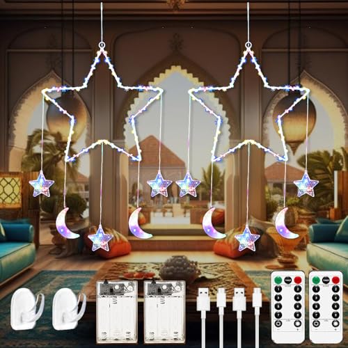 RIRIDAMAI Fensterbeleuchtung Led,Ramadan Licht Stern Mond,Ramadan lichterkette fenster,Weihnachtsbeleuchtung Deko Mit 8 Blinkenden Modi,Fernbedienung,USB,für Ramadan,Hochzeit,Party,Weihnachten von RIRIDAMAI