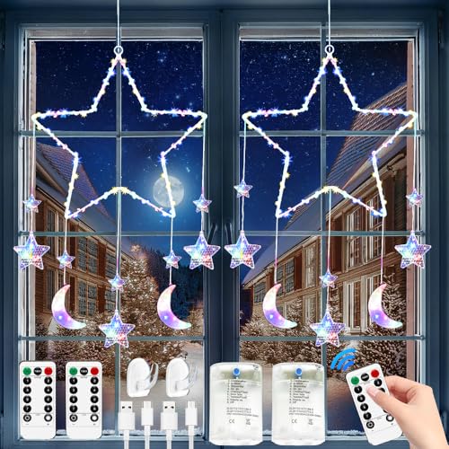 Weihnachtsbeleuchtung Fenster Stern,2 Stück Weihnachtsdeko Fenster Beleuchtet Batteriebetrieben,LED Stern Fenster Weihnachten,Mit 8 Blinkenden Modi,Fernbedienung,USB,für Ramadan,Hochzeit,Party von RIRIDAMAI