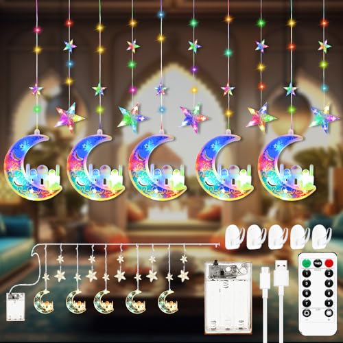 RIRIDAMAI Ramadan Lichterkette,120 LED Ramadan Lichter Fenster,Eid Mubarak Licht,3m Sterne Mond und Schloss Ramadan Deko Licht mit 8 Blinkenden Modi&Fernbedienung,Batterie & USB betriebene von RIRIDAMAI