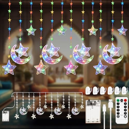 Stern Mond Lichterketten 3.6m,12 LED Sterne Mond Vorhang Licht,Sterne Mond LED Lichterketten 132 LEDs,Mit 8 Blinkenden Modi,Fernbedienung,USB,für Ramadan,Hochzeit,Party,Weihnachten von RIRIDAMAI