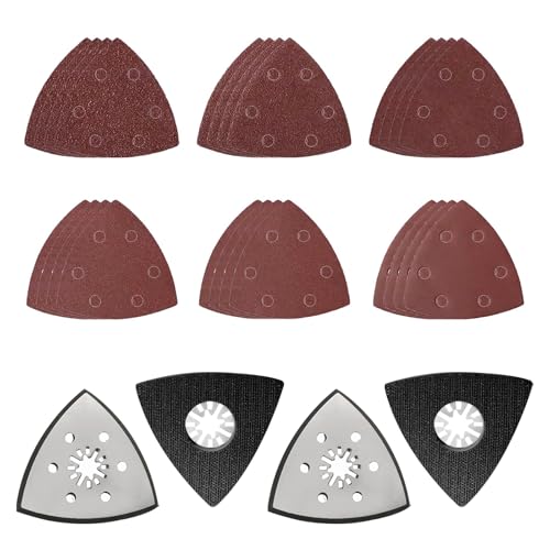 4PCS 93 mm Schleifplatte Dreieck, Fein Schleifplatte, Multitool Schleifplatte, Deltaschleifer Schleifplatte mit 20 Dreieckschleifer Schleifpapier, für Schleifen Und Polieren von RISAKOGO