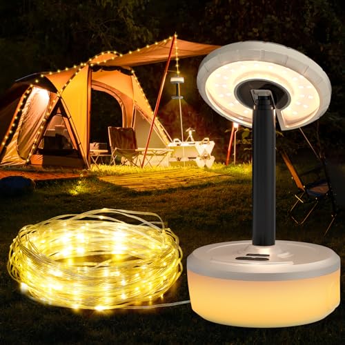 RISEMART 2-IN-1 10m Camping Lichterkette Aufrollbar + Tischlampe, Wasserdicht Tragbare Aufrollbare Lichterkette Außen mit 6 Beleuchtungsmodi für Camping, Wandern und Hof Dekoration von RISEMART