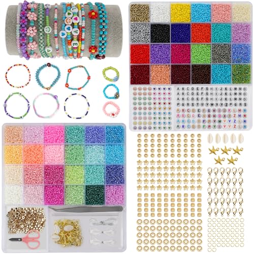 RISEMART 45000 Stück 2mm-Glasperlen-für-Armbänder-Set zum Selber Machen, 48 Farben Perlen, 208 Buchstaben perlen für DIY-Perlenketten, Armbänder, Halsketten und Ohrringe als kreative Geschenke. von RISEMART