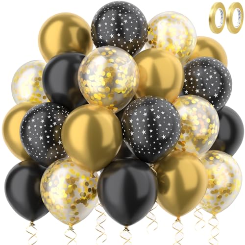 RISEMART deko Gold Schwarz Sterne deko mit Gold Konfetti deko hochzeit Set 60 Stück luft-ba-llons 30cm Helium deko mit 2 Rollen goldener Band von RISEMART