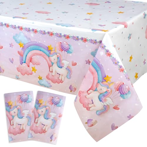 2 Stück Regenbogen Einhorn Tischdecke, Plastik Tischdecke Geburtstag, Rechteckig Party Tischdecke, Tischtuch Wasserdicht für Geburtstage, Hochzeiten, Baby-Partys (130 x 220cm) von RISF