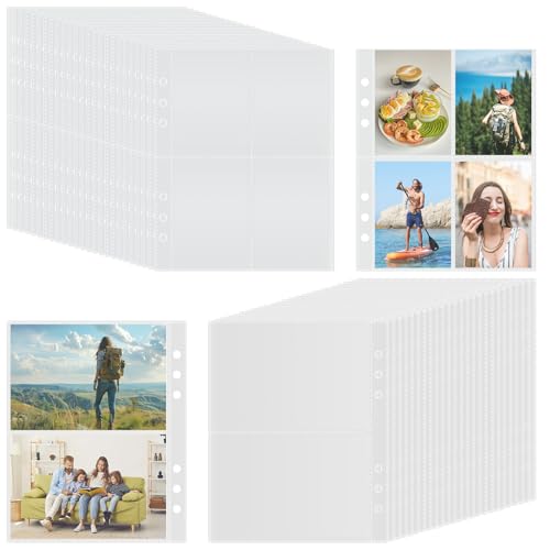 RISF 50 Stück Durchsichtige A5 Sammelkarten Hüllen, Doppelseitige Klarsichtfolien, PVC-Material, 6-Loch Fotohüllen für Aufbewahrung von Postkarten, Fotos, Aufklebern (2 und 4 Zellen) von RISF