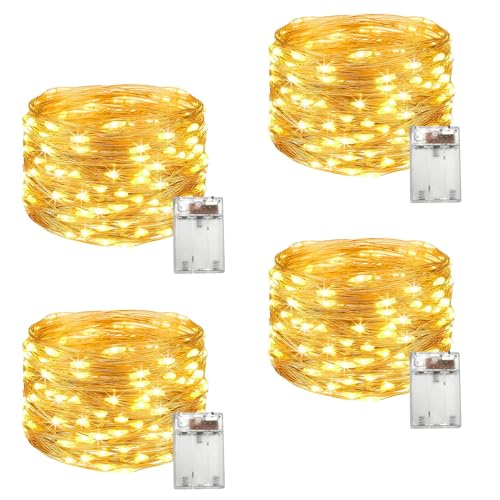 LED Lichterkette Batterie, 4 Stück 10M 100 LED Lichterkette Draht Innen AA Batterie Betrieb, Lichterketten, für Party Weihnachten Weihnachtsbaum Halloween Hochzeit Deko In/Außen Deko DIY (Warmweiß) von RISVOWO