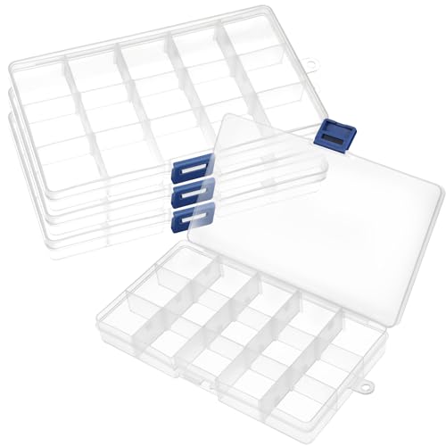 RISVOWO 4 Stück Plastik Sortierbox, Kleinteile Organizer, Transparent Aufbewahrungsbox mit Deckel Klein,15 Fächer Einstellbar, für Aufbewahrung von Schrauben, Ohrringen, Perlen, Büromaterial von RISVOWO