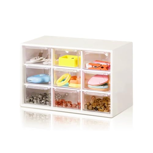 Schubladenbox mit 9 Mini Schubladen, Durchsichtige & Weiße Schreibtisch Organizer, Herausnehmbare Büro Ordnungssystem, RISVOWO Kleinteilemagazin Bastelbox für Makeup/Schmuck/Bürobedarf von RISVOWO