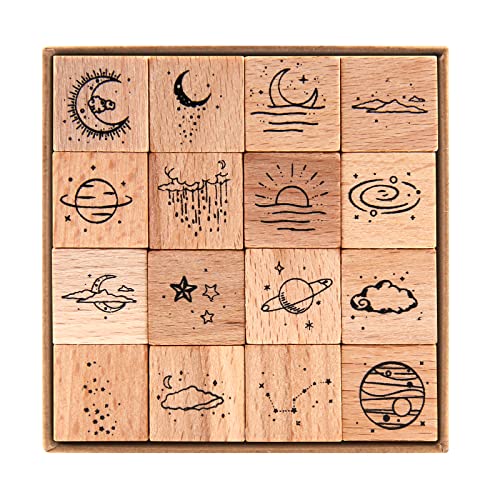 RISYPISY 16 Stück Mond-Holz-Stempel aus Gummi, Vintage, dekorativer Holzstempel für Bastelarbeiten, Sammelalben, Tagebücher von RISYPISY