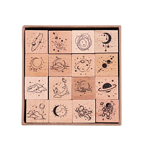 RISYPISY 16 Stück Vintage Holzstempel, Universe & Galaxy dekorative Stempelset, Holzstempel für Kunsthandwerk, Bullet Journals, Kartenherstellung, Scrapbooking von RISYPISY