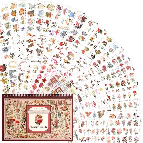 RISYPISY 750 PCS Sticker Blumen 50 Blatt Scrapbooking Sticker Selbstklebende blumen Aufkleber Tagebuch-Aufkleber Scrapbooking Set für Journaling Zubehör von RISYPISY