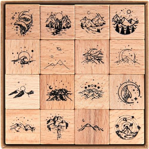 RISYPISY 16 Stück Vintage Holzstempel, Universe & Galaxy Stempelset (Mountain) von RISYPISY