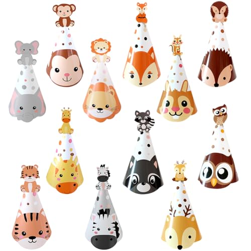 RIUAHST Party Hüte Tier Party Kegelhüte Cartoon Geburtstag Hüte Themenparty Kegelhut Kindergeburtstag Papier Kegel Hüte für Familienfeiern für Kinder und Erwachsene 12 Stücke von RIUAHST