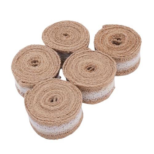 5 Stück Jute-Spitzenband, Juteband mit Weißen Spitzenbesätzen, Ideal für Hochzeits- und Weihnachtsdekoration, DIY-Bastelrolle für Heimdekoration und Selbstgemachtes Basteln 5 Stück Jute-Spitzenband, Juteband mit Weißen Spitzenbesätzen, Ideal für Hochzeits- und Weihnachtsdekoration, DIY-Bastelrolle für Heimdekoration und Selbstgemachtes Basteln von RIZGHWOY