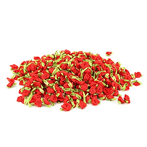RIZGHWOY Mini Rebbon Rose Bogenblume Set für DIY -Nähwerkstätten, 450pcs Handgefertigte Bandrosen mit Blattdekoration für Plüschspielzeug, Hochwertige Ribbon Bow Rosenverzierung Kit (Rot) von RIZGHWOY