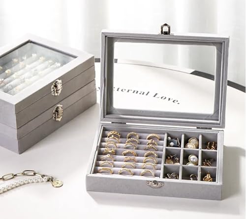 Graue Schmuckschatulle mit transparentem Glasdeckel – Samt-Schmuck-Aufbewahrungsbox für Ringe, Ohrringe, Halsketten, Armbänder, Broschen – graues Glas-Tablett für Damen und Mädchen, 20 x 15 x 5 cm Graue Schmuckschatulle mit transparentem Glasdeckel – Samt-Schmuck-Aufbewahrungsbox für Ringe, Ohrringe, Halsketten, Armbänder, Broschen – graues Glas-Tablett für Damen und Mädchen, 20 x 15 x 5 cm von RJ Displays