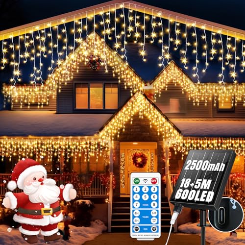 RJEDL 2500mAh Solar Eisregen Lichterkette Außen, 18+5M 600LED Wasserdicht LED Eisregen Lichterkette, Mit 8 Modi & Timer und Speicher Weihnachtsbeleuchtung Außen für Balkon Fenster Haus Geländer von RJEDL