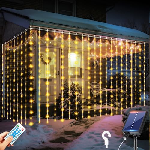 RJEDL Lichterkette, 6x3m 600 LED Solar Lichtervorhang Aussen mit 2 Lademethoden 2 Arten der Kontrolle 8 Modi Timer IP65 Wasserdicht Wasserfall Außen/Innen Lichterkette für Weihnachten,Party,Braut,Deko von RJEDL