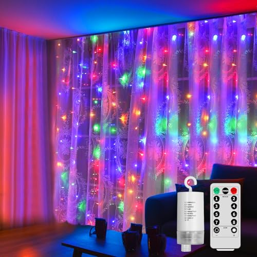 RJEDL Vorhang Lichter batteriebetrieben, 6x3m 600LED Fee Vorhang Lichter im Freien wasserdicht mit Fernbedienung, 8 Modi Wasserfall Garten String Lichter für Patio Gazebo Party Valentinstag von RJEDL