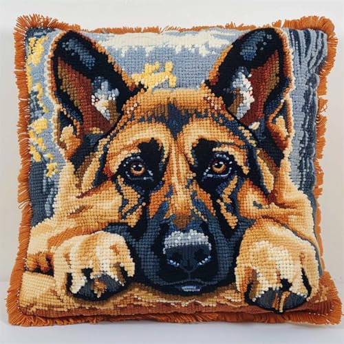DIY knüpfen set anfänger Deutscher Schäferhund Tier knüpfkissen mit vordruck Cartoon-Hund Kits zur Herstellung von Kissenbezügen，DIY-Häkelgarn-Kits，Stick-Kits，Kits zur Herstellung von K 43x43cm von RKFLGEW