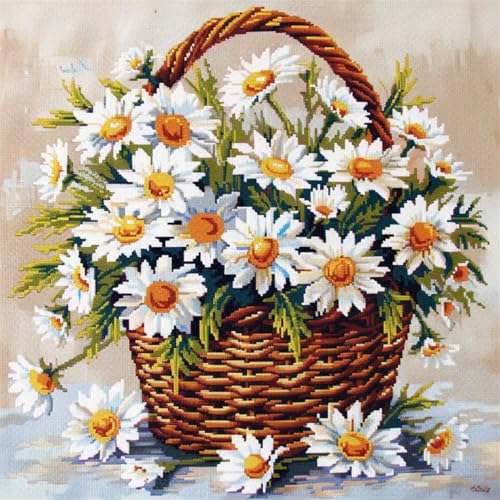 DIY knüpfen set anfänger Weiße Gänseblümchen knüpfkissen mit vordruck Blumen im Korb DIY-Kreuzstich-Sofakissenbezug mit Knüpfwerkzeug，passend für Jugendliche und Erwachsene. Knüpfhaken-Ki 43x43cm von RKFLGEW
