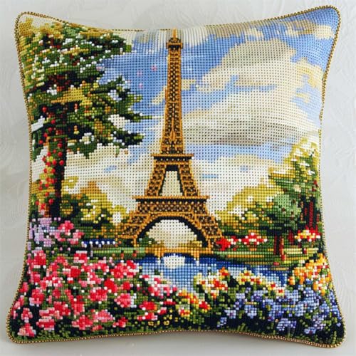 DIY knüpfen set erwachsene Eiffelturm und Blumen knüpfkissen set Fantasielandschaft DIY-Kreuzstich-Sofakissenbezug mit Knüpfwerkzeug，passend für Jugendliche und Erwachsene. Knüpfhaken-Kis 43x43cm von RKFLGEW