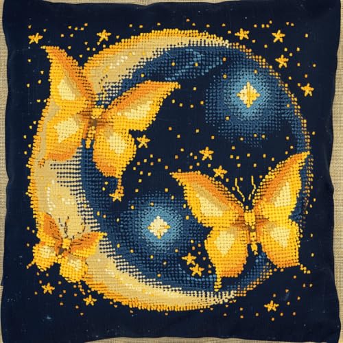 DIY knüpfen set kissen Mond und Schmetterling knüpfhaken set Fantasielandschaft Knüpfhaken-Kissen-Set，DIY-Kissenbezug zum Basteln，bedruckte Leinwand für Anfänger，Stickerei，Bastelkissen 43x43cm von RKFLGEW