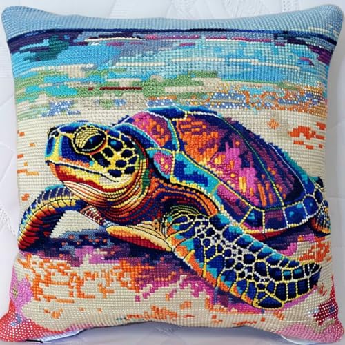DIY stickpackung kissen Bunte Schildkröte knüpfen set erwachsene kissen Wasserlebewesen Kits zur Herstellung von Kissenbezügen，DIY-Häkelgarn-Kits，Stick-Kits，Kits zur Herstellung von Kis 43x43cm von RKFLGEW