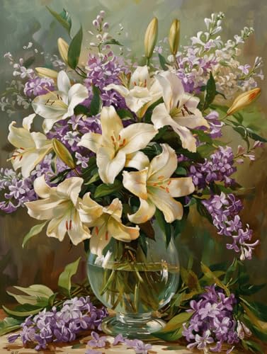 RKFLGEW 14CT Kreuzstich Set Vorgedruckt Lilien Und Flieder In Einer Vase Stickset Fantasie Blumen Gezählt Stoff Kreuzstich Diy Kunst Handarbeiten Sticksets 40x50cm von RKFLGEW