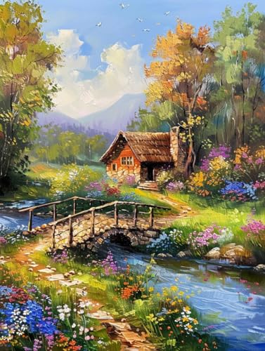 RKFLGEW 14CT Stickbilder Erwachsene Pastorale Landschaft Bunte Blumenhütte Kreuzstich-Sets，Stick-Starter-Set Für Anfänger，Sticksets Mit Scherenzubehör Diy-Heimdekoration 40x50cm von RKFLGEW