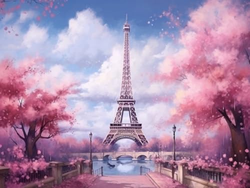 RKFLGEW 14CT Zählbare Kreuzstich-Sets Fantasie，Rosa，Blume，Baum，Und，Turm Kreuzstich-Sets，Stick-Starter-Set Für Anfänger，Sticksets Mit Scherenzubehör Diy-Heimdekoration 40x50cm von RKFLGEW