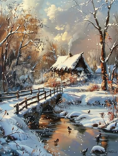 RKFLGEW 14CT Zählbare Kreuzstich-Sets Winterlandschaft Schneehütte Kreuzstich-Sets Nadelspitze，Zählsets，Stickset，Kunst Und Handwerk Für Heimdekoration 40x50cm von RKFLGEW