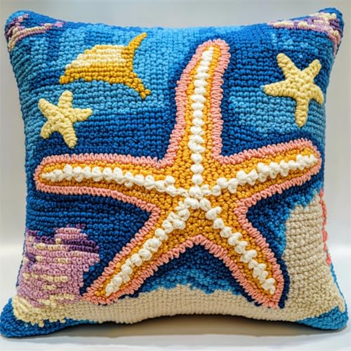 RKFLGEW DIY Knüpfen Set Anfänger Bunter Seestern DIY Knüpfkissen，Überwurfkissen，Matte，Stickerei-Bastelsets Für Anfänger Mit Aufgedrucktem Muster，Heimdekoration 43x43cm von RKFLGEW
