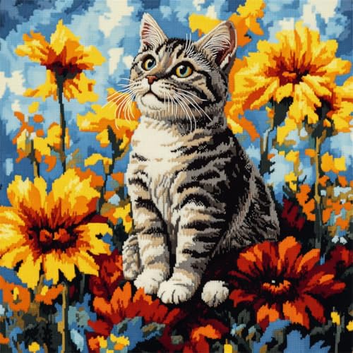 RKFLGEW DIY Knüpfkissen Set Katzentiere Und Blumen DIY Knüpfkissen，Überwurfkissen，Matte，Stickerei-Bastelsets Für Anfänger Mit Aufgedrucktem Muster，Heimdekoration 43x43cm von RKFLGEW