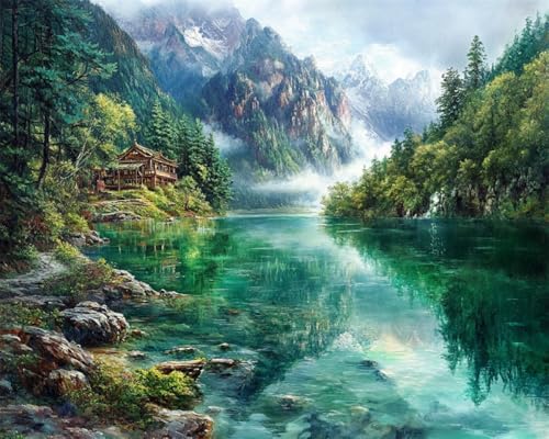 RKFLGEW DIY Perlenstickerei-Set Für Erwachsene Berg-，Wald- Und Seenlandschaft Nadelspitze Wandteppich Kit Perlen Nähen Nadelarbeit Set Perle Kreuzstich 50x70cm von RKFLGEW